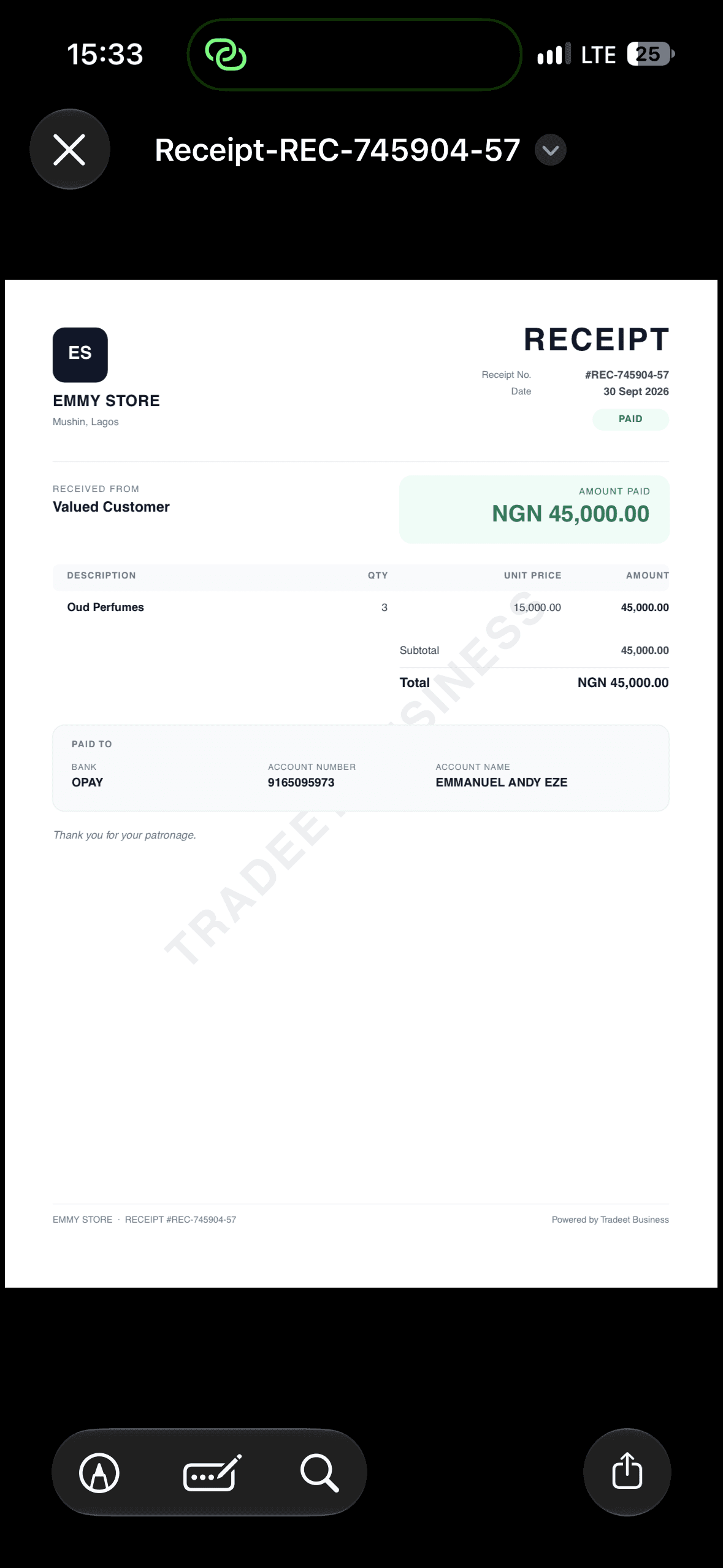 Official Tradeet Emmy Store WhatsApp Receipt